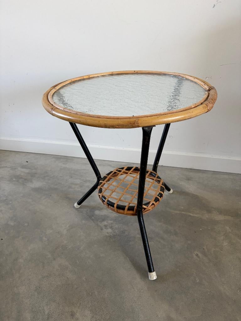 Vintage rotan bijzettafel Rohé Noorwolde glas rond, Minder dan 55 cm, Gebruikt, Rond, Glas