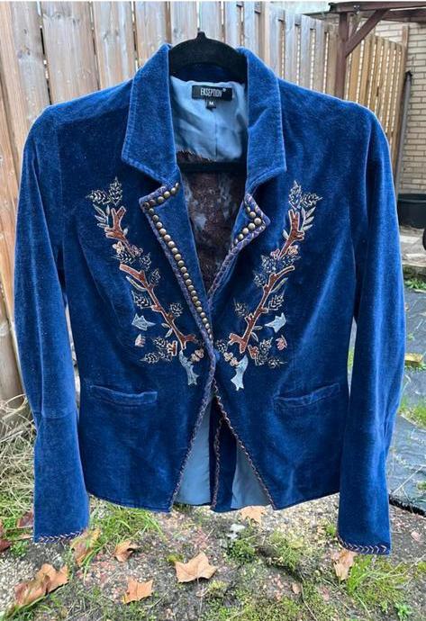 Blauw geborduurd fluwelen jasje van Exception maat M. IZGS, Maat 38/40 (M), Blauw, Ophalen of Verzenden, Zo goed als nieuw
