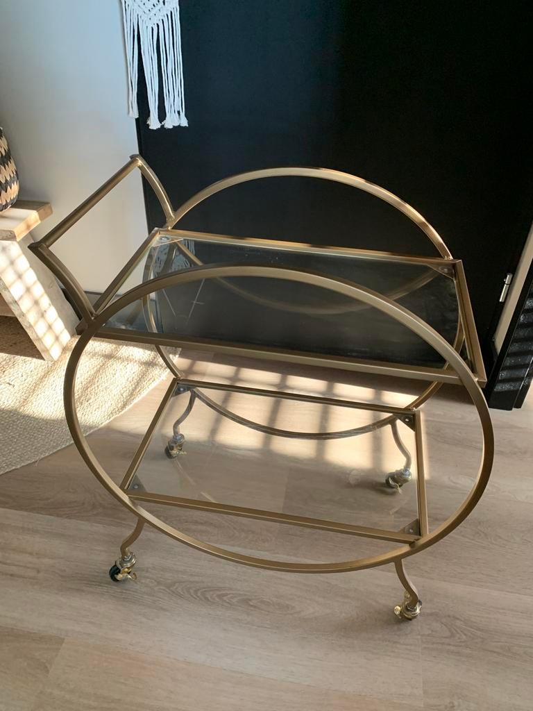 Theetafel / bijzettafel met glasplaten en wieltjes, Huis en Inrichting, Tafels | Bijzettafels, Ophalen, Minder dan 55 cm, Rond