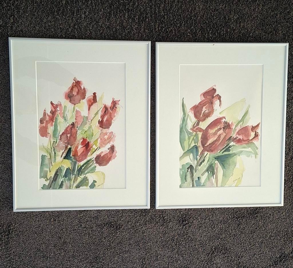 Set van 2 aquarel schilderijen: Rode tulpen, Ophalen