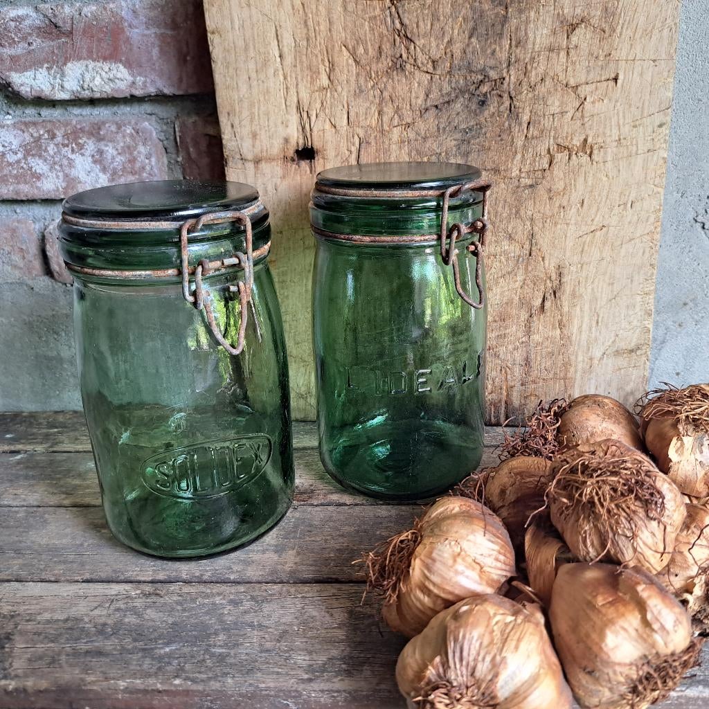 1x Brocante oude Franse groene glazen weckpot 18cm *Etage3*, Gebruikt, ., Ophalen of Verzenden, .