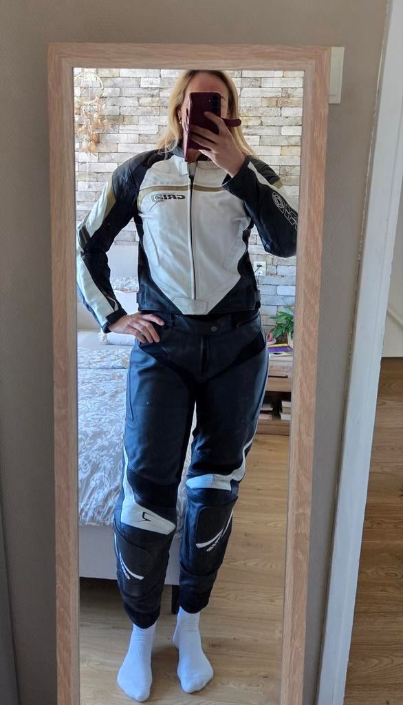 Motorpak zwart wit leer merk Grid maat 56, Motoren, Kleding | Motorkleding, Ophalen of Verzenden, Tweedehands, Combipak