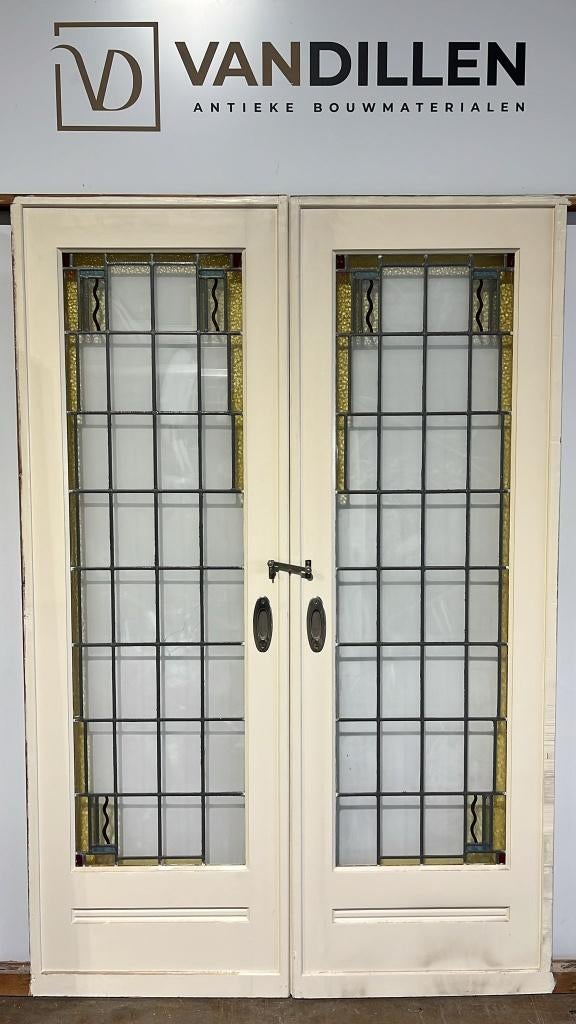 Set ensuite schuifdeuren glas in lood motief, Doe-het-zelf en Verbouw, Deuren en Horren, Gebruikt, 120 cm of meer, Binnendeur
