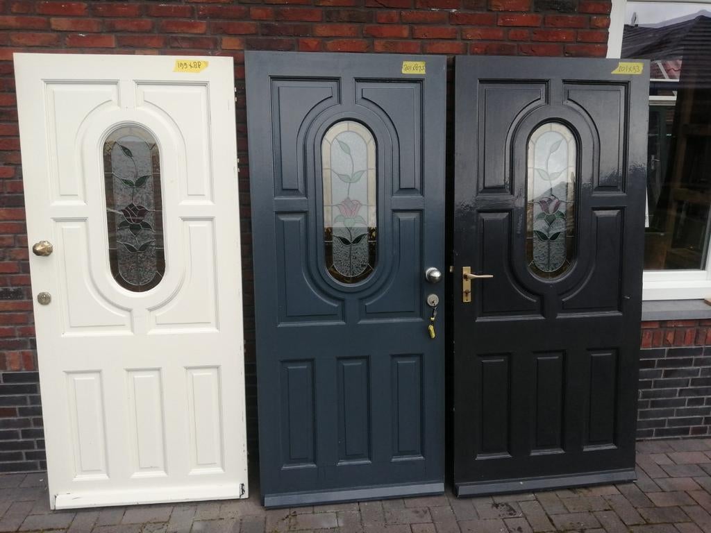 Merbau voordeuren met glas in lood, Ophalen, Glas, Buitendeur, 200 tot 215 cm