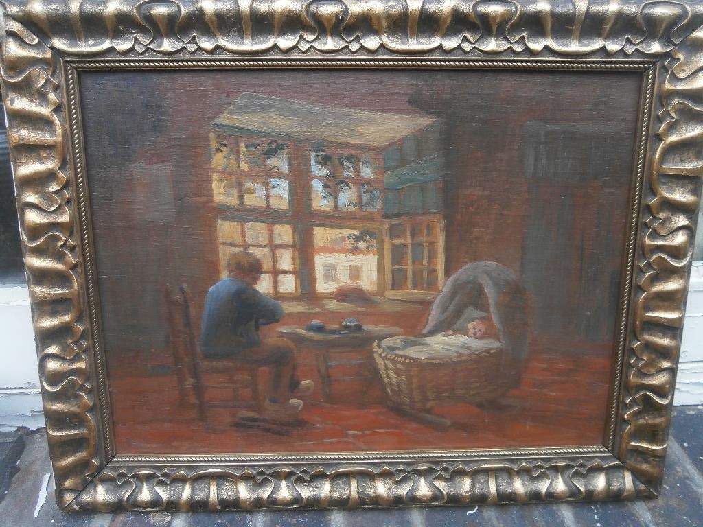 LARENS Tafereel ? Boer met een kinfd bij een Wieg, M Lijstje, Ophalen of Verzenden