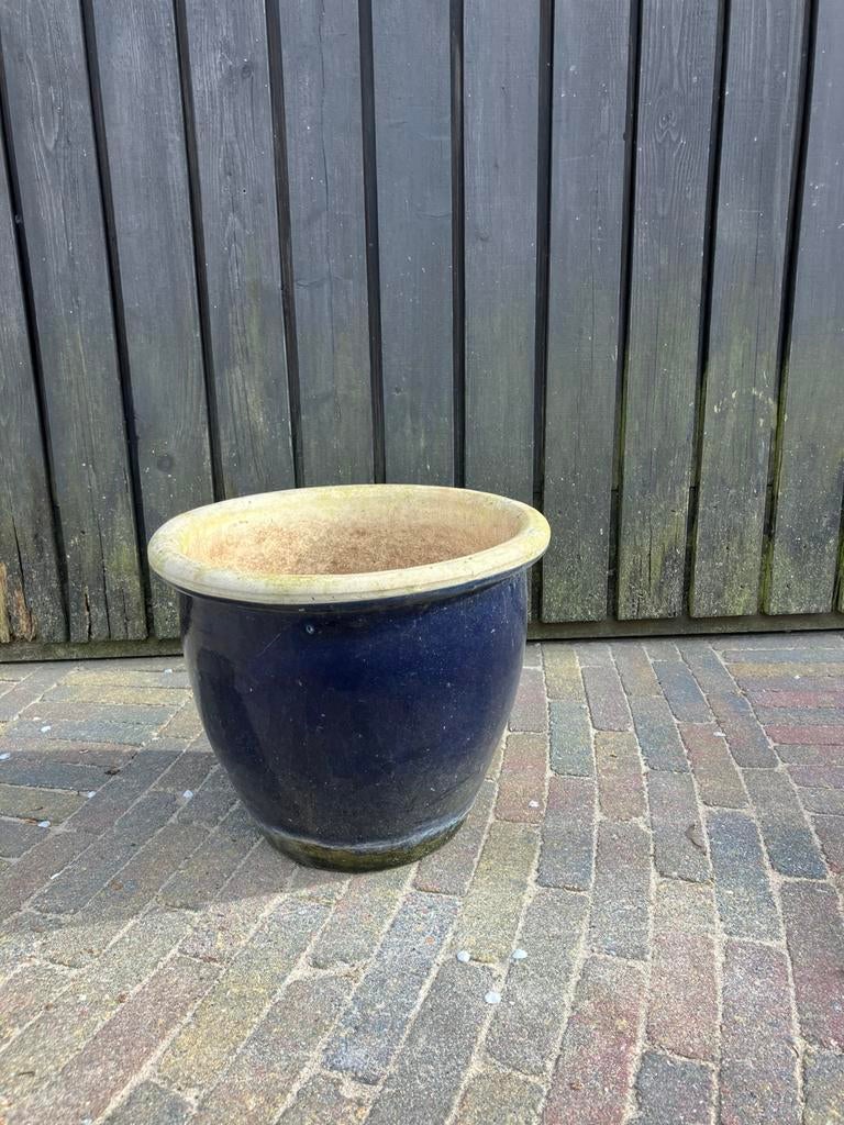 Grote blauw geglazuurde bloempot 36x31 cm, Ophalen, Steen, Minder dan 30 cm, Rond