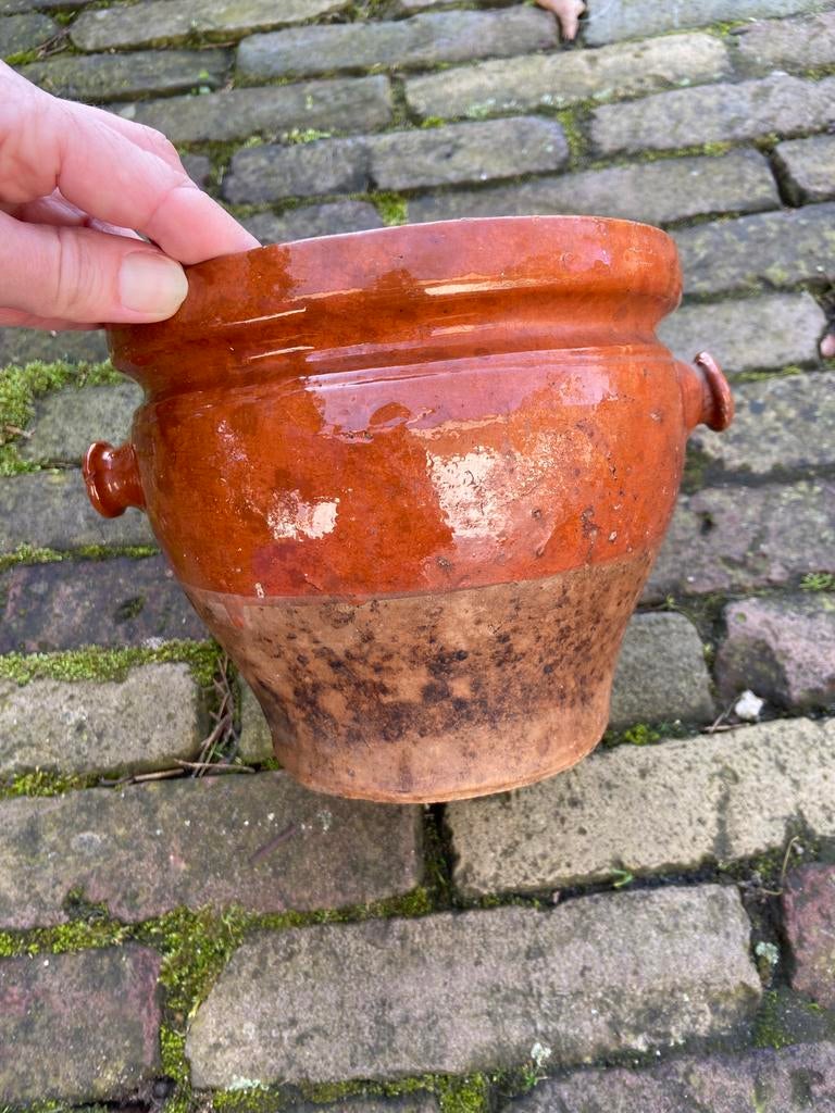 Oud brocante Franse confitpot voorraadpot terracotta glazuur, Ophalen of Verzenden