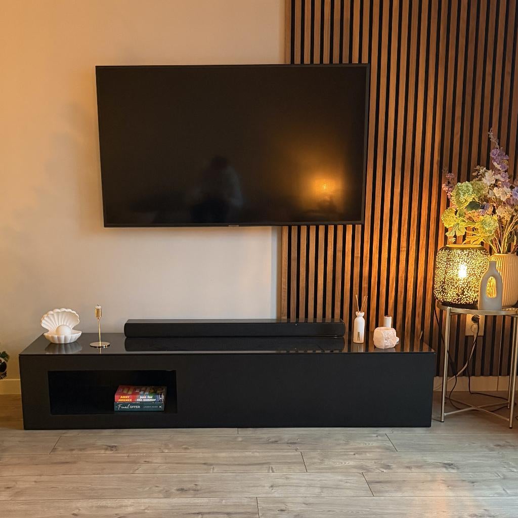 Staand TV meubel met glasplaat (162x39,5x31), Huis en Inrichting, Kasten | Televisiemeubels, Ophalen, Gebruikt, Glas, 150 tot 200 cm