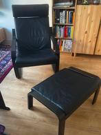 IKEA Poäng Lounge Chair Black Leather incl. voetsteun, Ophalen, Gebruikt, Leer, 50 tot 75 cm