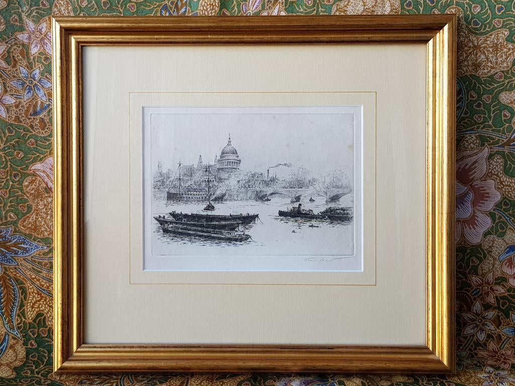 Mooie oude Engelse ingelijste James Grant ets van Londen., Ingelijst, Ets, Ophalen of Verzenden, Landschap