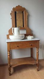 Antieke houten kaptafel met marmeren blad en spiegel, Huis en Inrichting, Gebruikt, 100 tot 150 cm, 50 tot 100 cm, Hout