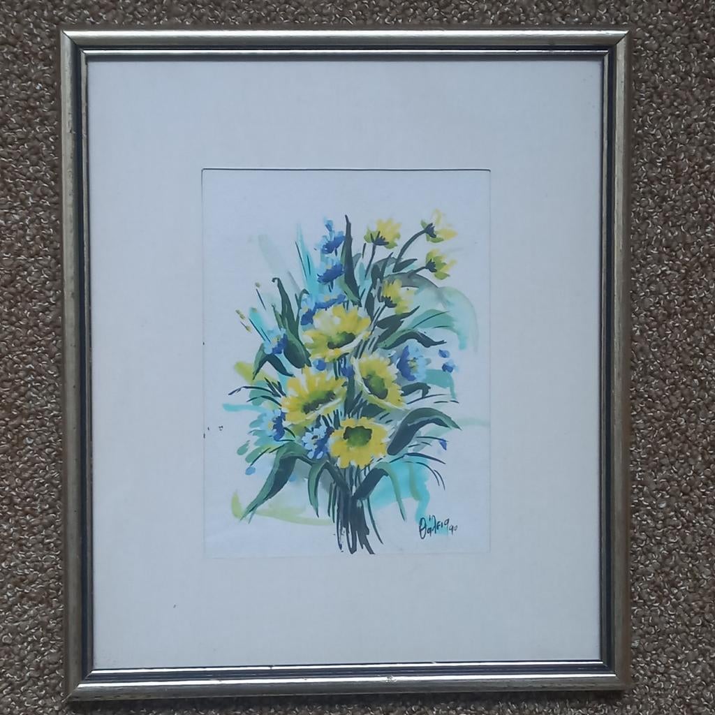 Ingelijste aquarel bloemenboeket, gesigneerd en gedateerd, Ophalen of Verzenden