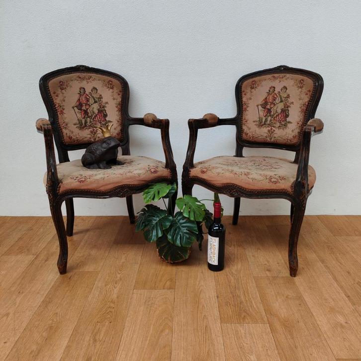 Brocante Gobelin vintage Franse Louis XV stoelen fauteuils 2, Huis en Inrichting, Fauteuils, Gebruikt, Hout, Stof, 50 tot 75 cm