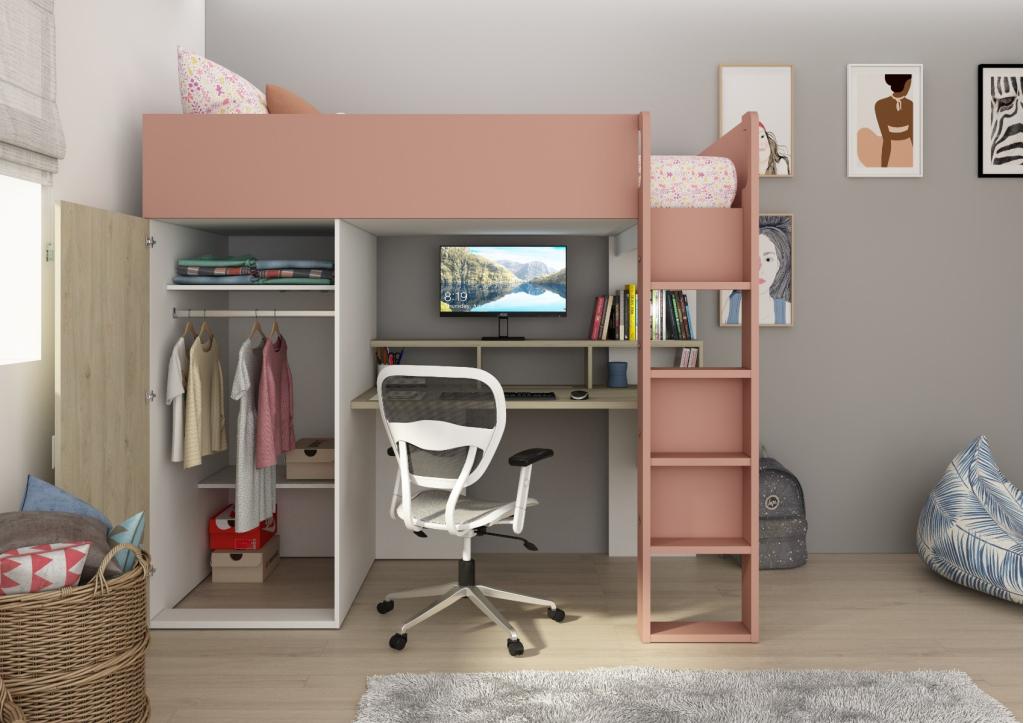 Flow hoogslaper met bureau en kast - 90x200 - Eiken/roze, Niet ingevuld, Niet ingevuld, Niet ingevuld