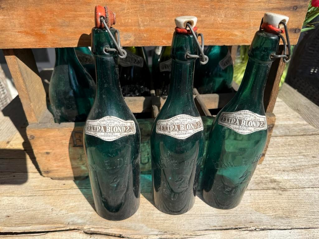 Vintage Devroey Vintage houten krat, 12 groene flessen, Ophalen, Gebruikt, Glas, Minder dan 50 cm