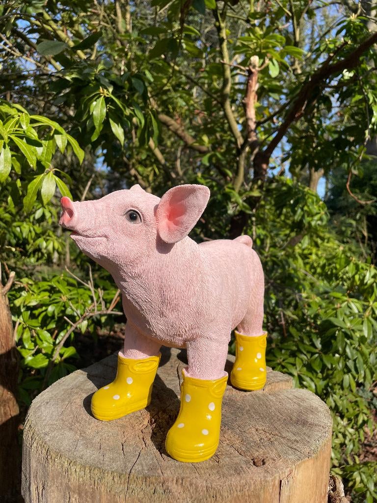 Varken laarsjes staand, Geel boerderij, tuin, 25cm, Tuin en Terras, Tuinbeelden, Ophalen of Verzenden, Nieuw, Kunststof, Dierenbeeld