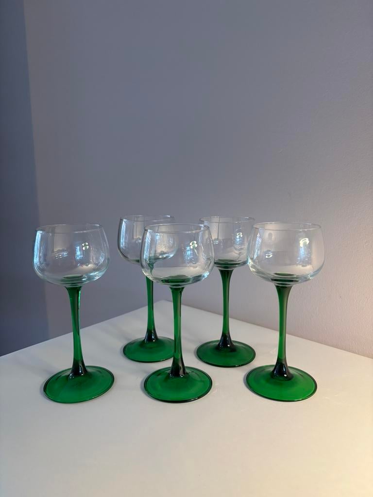 Vintage Luminarc Franse wijnglazen groen pootje, *, Verzenden, Zo goed als nieuw, *