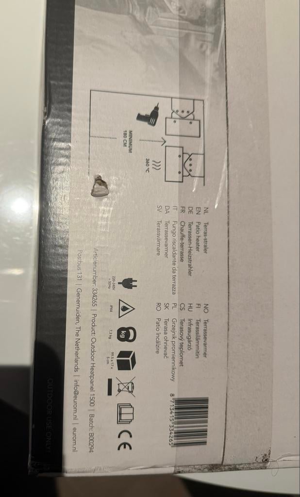 Eurom Outdoor Heatpanel 1500W Elektrische Terrasverwarmer, Elektrisch, Nieuw, Ophalen of Verzenden, Waterbestendig