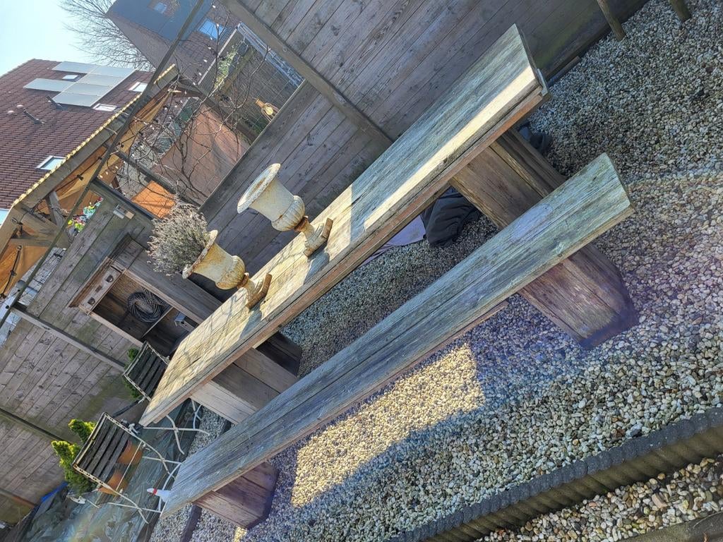 GRATIS Steigerhouten tafel met 2 banken - 3 meter, Ophalen, Gebruikt, Rechthoekig, Hout