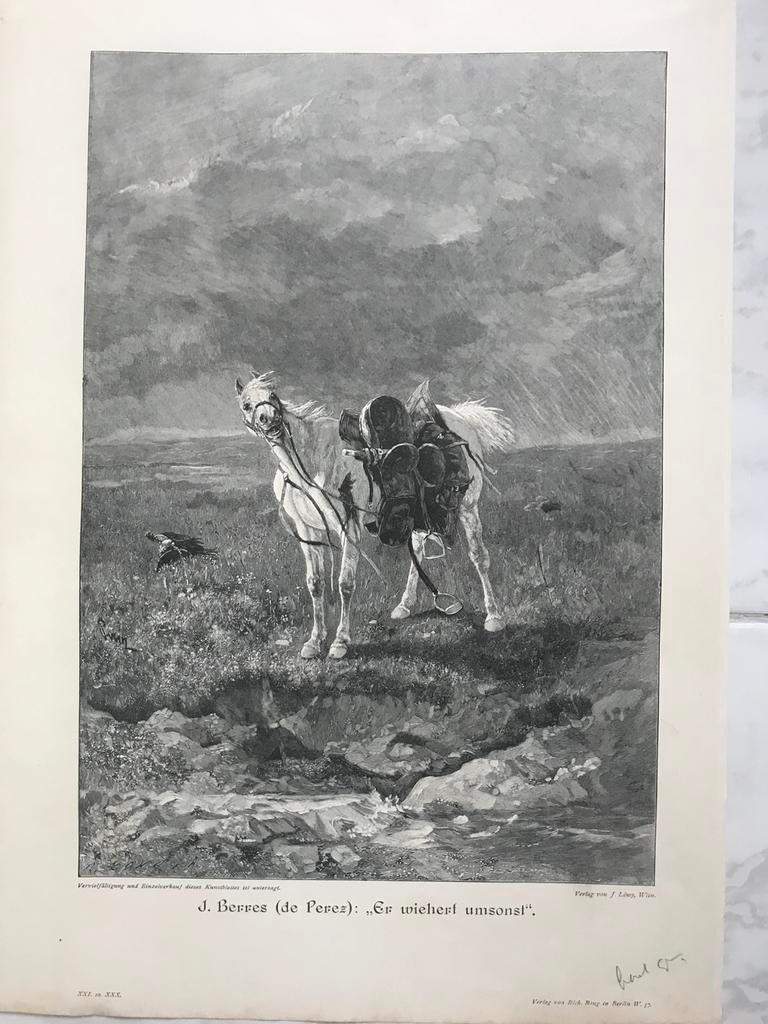 J. Berres: Er wiehert umsonst, or. gravure 1896, 32x22cm., Dagelijks leven, 1800 - 1899, Ophalen of Verzenden, Origineel