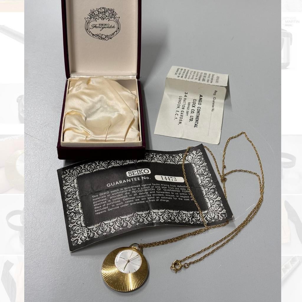 1960-1970 horloge Seiko + ketting Bladgoud zakhorloge antiek, Ophalen of Verzenden, Goud, Verguld