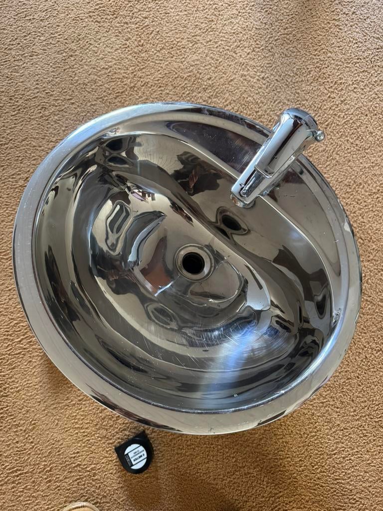 Ronde RVS jaren 70 retro inbouw wastafel/ wasbak, Ophalen, Gebruikt, Rvs, Wastafel