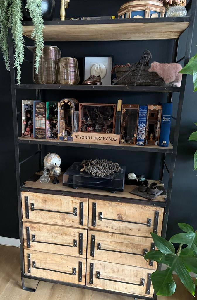 Industriële Wandkast met Lades - Metaal en mangohout, Huis en Inrichting, Kasten | Boekenkasten, Gebruikt, 100 tot 150 cm, 150 tot 200 cm