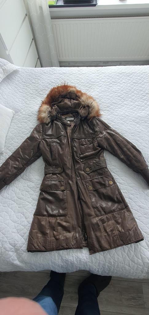 Bruine lederen winterjas met bontkraag, Ophalen of Verzenden, Zo goed als nieuw, Maat 38/40 (M), Bruin