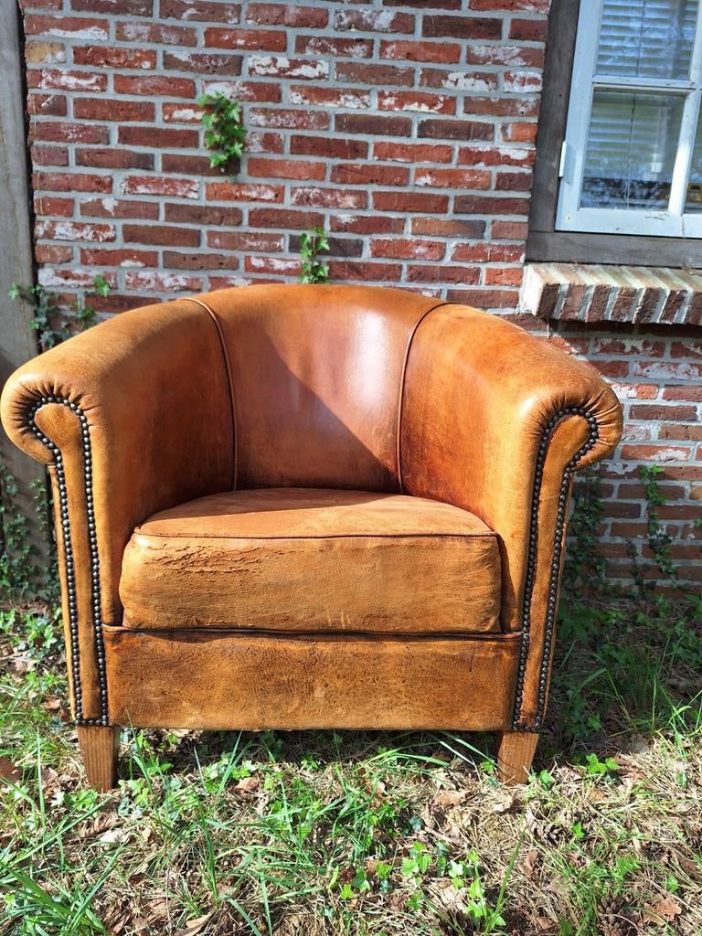 Vintage Leren Clubfauteuil - Cognac Bruin, Ophalen, Gebruikt, Bruin, Leer