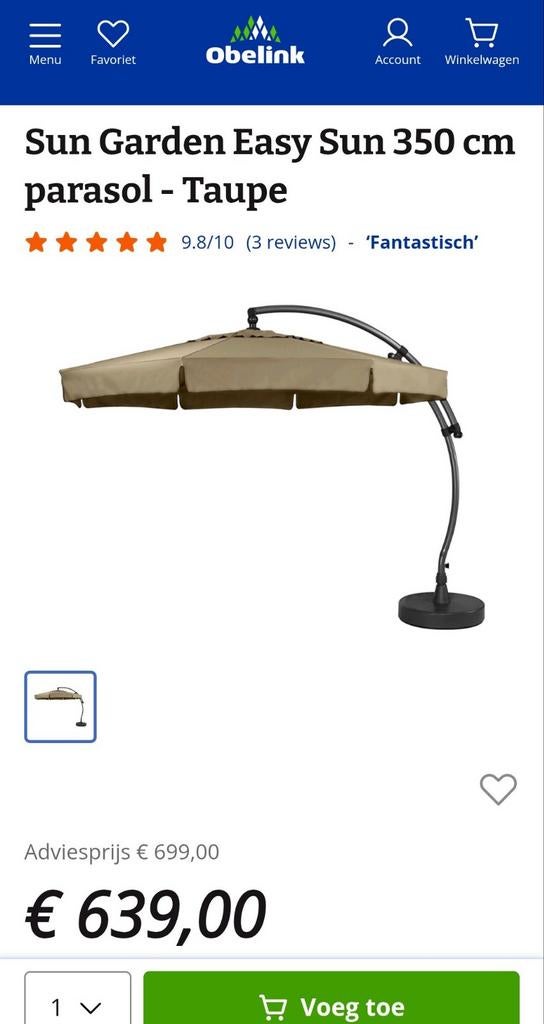 Sun Garden Easy Sun Parasol 350 cm - Licht Geel, Ophalen, Zo goed als nieuw, 3 tot 4 meter, Zweefparasol