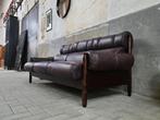 Jaren 80 Bruine Leren Bank | Vintage 3-Zits Sofa Hout Leder, Huis en Inrichting, Gebruikt, Driepersoons, 75 tot 100 cm, Ophalen of Verzenden