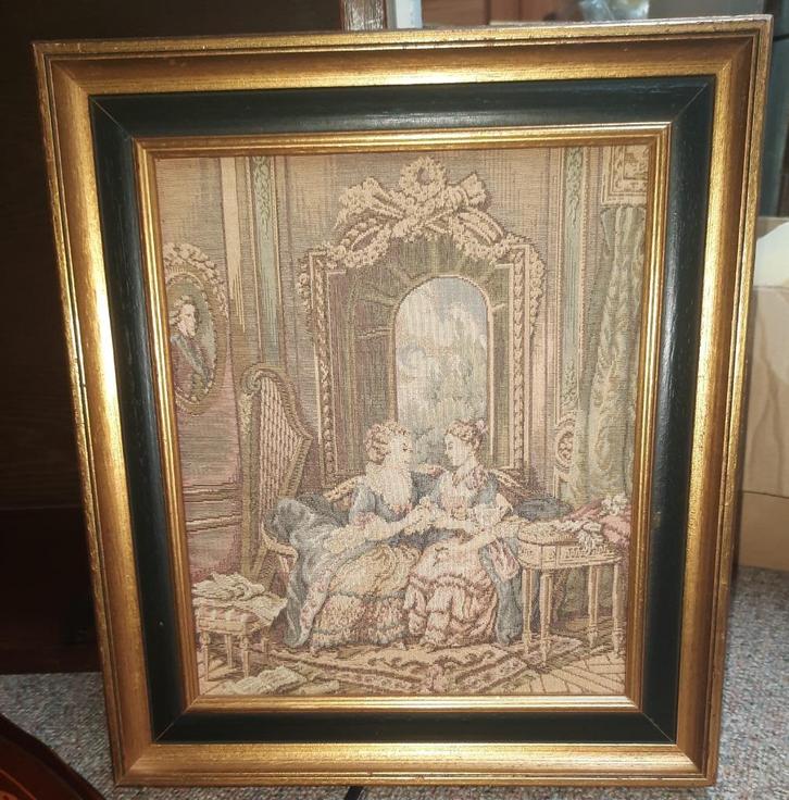 Vintage gobelin schilderij 2 dames in goudkleurige lijst, Huis en Inrichting, Woonaccessoires | Schilderijen, Tekeningen en Foto's