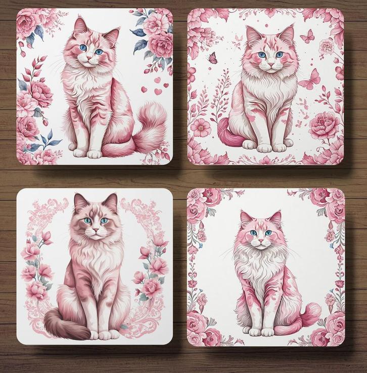 Ragdoll Delfts Roze onderzetters met houder, Huis en Inrichting, Woonaccessoires | Onderzetters, Nieuw, Glas of Kopje, Ophalen of Verzenden
