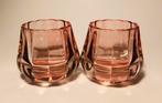 Twee roze waxinelichthouders, theelichthouders van glas, Ophalen of Verzenden, Zo goed als nieuw, Overige materialen, Minder dan 25 cm