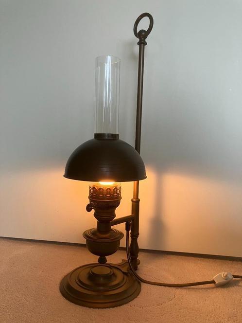 Messing olielamp Amerikaans, Huis en Inrichting, Lampen | Tafellampen, Gebruikt, 50 tot 75 cm, Glas, Metaal, Ophalen