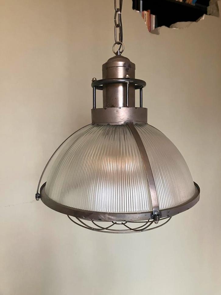 3 st. Metalen industriele hanglampen, Huis en Inrichting, Lampen | Hanglampen, Zo goed als nieuw, Minder dan 50 cm, Glas, Metaal