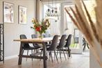 Ikea Skogsta tafel 235x100 + 6 zwarte kuipstoelen, Huis en Inrichting, Tafels | Eettafels, Ophalen, Gebruikt, Eikenhout, 200 cm of meer