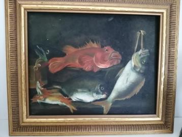 Stilleven schilderij met vissen.  beschikbaar voor biedingen