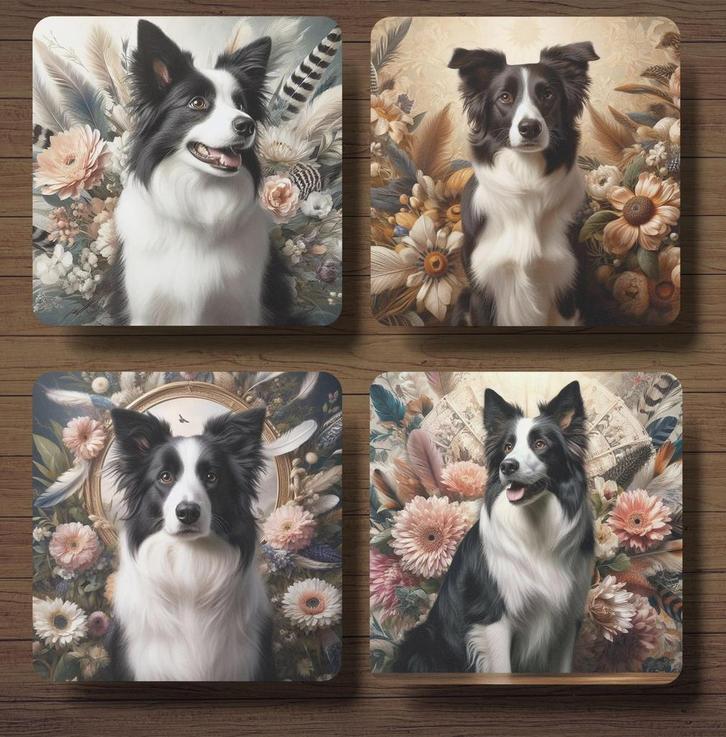 Border Collie Barok stijl onderzetters met houder, Huis en Inrichting, Woonaccessoires | Onderzetters, Nieuw, Glas of Kopje, Ophalen of Verzenden