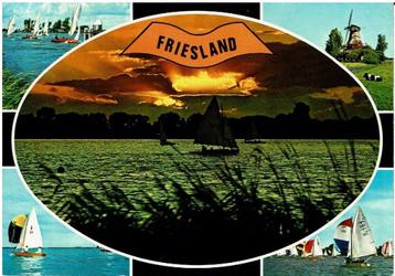 Ansichtkaart ondergaande zon, zeilboot, molen beschikbaar voor biedingen