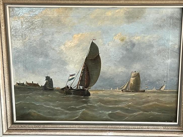 oud antiek olieverf schilderij schip skûtsje tjalk zeezicht, Antiek en Kunst, Kunst | Schilderijen | Klassiek, Ophalen of Verzenden