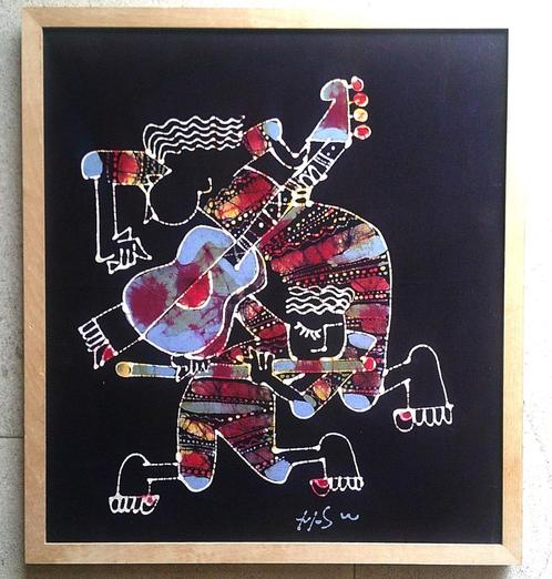 Figuren met gitaar ca. 1990 - Batik procedé - gesigneerd, Antiek en Kunst, Kunst | Schilderijen | Klassiek, Ophalen of Verzenden