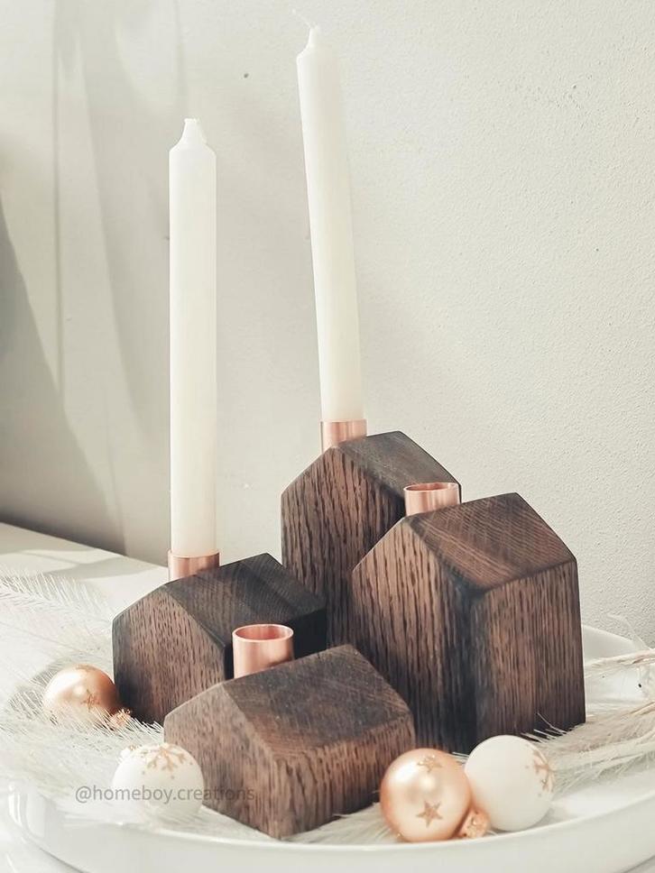Handgemaakte Houten Kandelaars - Set van 4, Huis en Inrichting, Woonaccessoires | Kandelaars en Kaarsen, Nieuw, Minder dan 25 cm