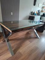 Glazen Eettafel met Metalen Onderstel, Ophalen, Gebruikt, 100 tot 150 cm, Vijf personen of meer
