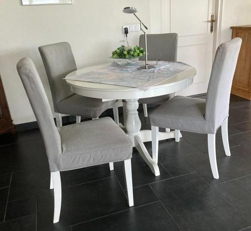 IKEA EETTAFEL ROND MET STOELEN WIT MET GRIJZE HOES, Huis en Inrichting, Tafels | Eettafels, Zo goed als nieuw, 100 tot 150 cm