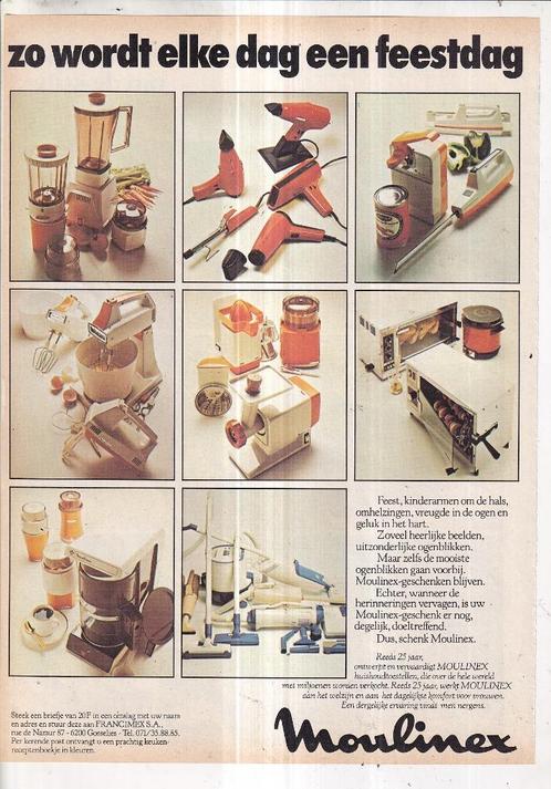 Retro reclame 1977 Moulinex oranje jaren 70 keukenspullen, Verzamelen, Retro, Overige typen, Ophalen of Verzenden