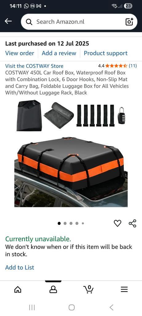 COSTWAY 450L Dakkoffer - Zo Goed Als Nieuw!, Auto diversen, Dakkoffers, Zo goed als nieuw, Ophalen of Verzenden