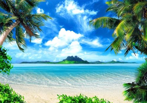 67 Paradijs Eiland Vlies Fotobehang 350x250cm in 3 maten XXL, Huis en Inrichting, Stoffering | Behang, Blauw, Wit, Zwart, Beige