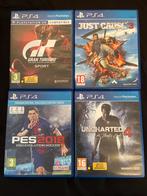 4 PS4 Games: Gran Turismo, Just Cause, PES, Uncharted, Spelcomputers en Games, Ophalen, Zo goed als nieuw, Zonder controller, Original