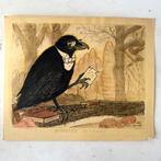 Claes Huisman - Vintage 1960’s tekening lezende kraai., Ophalen of Verzenden